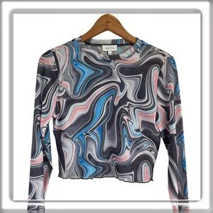 ACOA Long Sleeve Semi-Sheer Swirl Crop Top Shirt Blue Gray Size Large